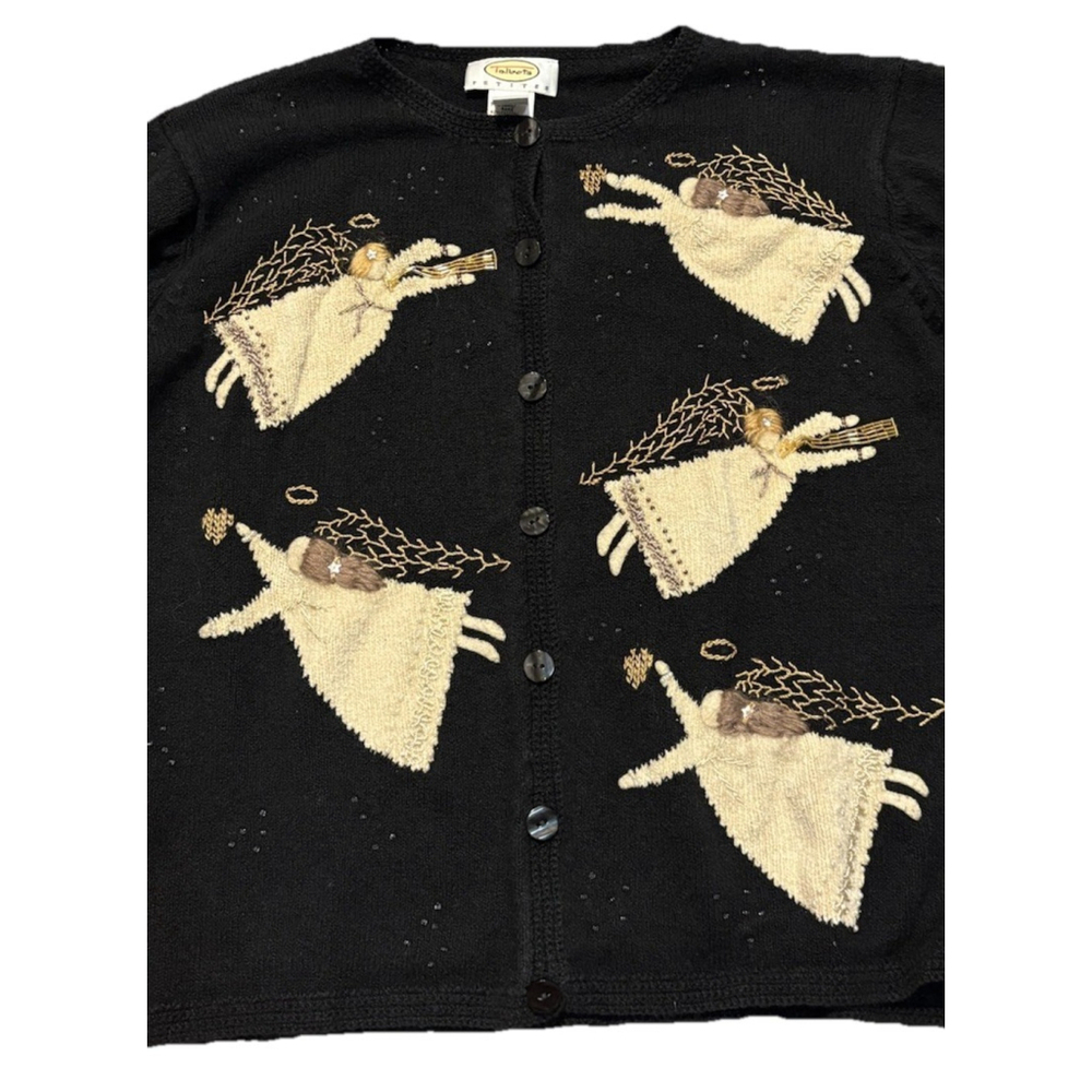 Vintage Button Up Cardigan Sweater Black Angels Embroidery Beaded P Sm - Picture 10 of 10